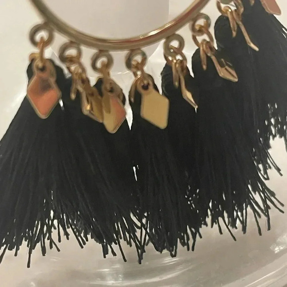 BLACK FRINGE DROP TEARDROP HOOP EARRINGS GOLD TONE FUN AND FESTIVE - Picture 3 of 10